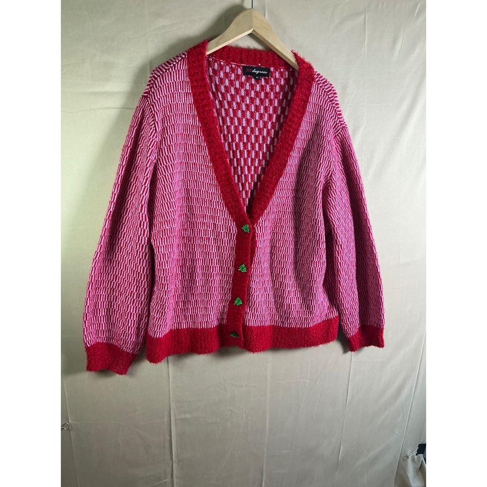 33 Degrees Women Red Pink Christmas Cardigan Sweater Tree Buttons XL Holiday - Picture 5 of 12